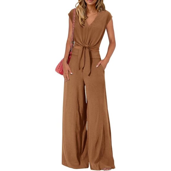 Other - Women's 2 Piece Summer Outfits Polyester V Neck Crop Top Wide Leg Pants